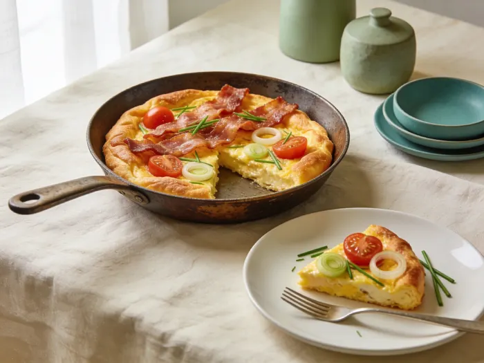 Luftig æggekage med bacon og tomat