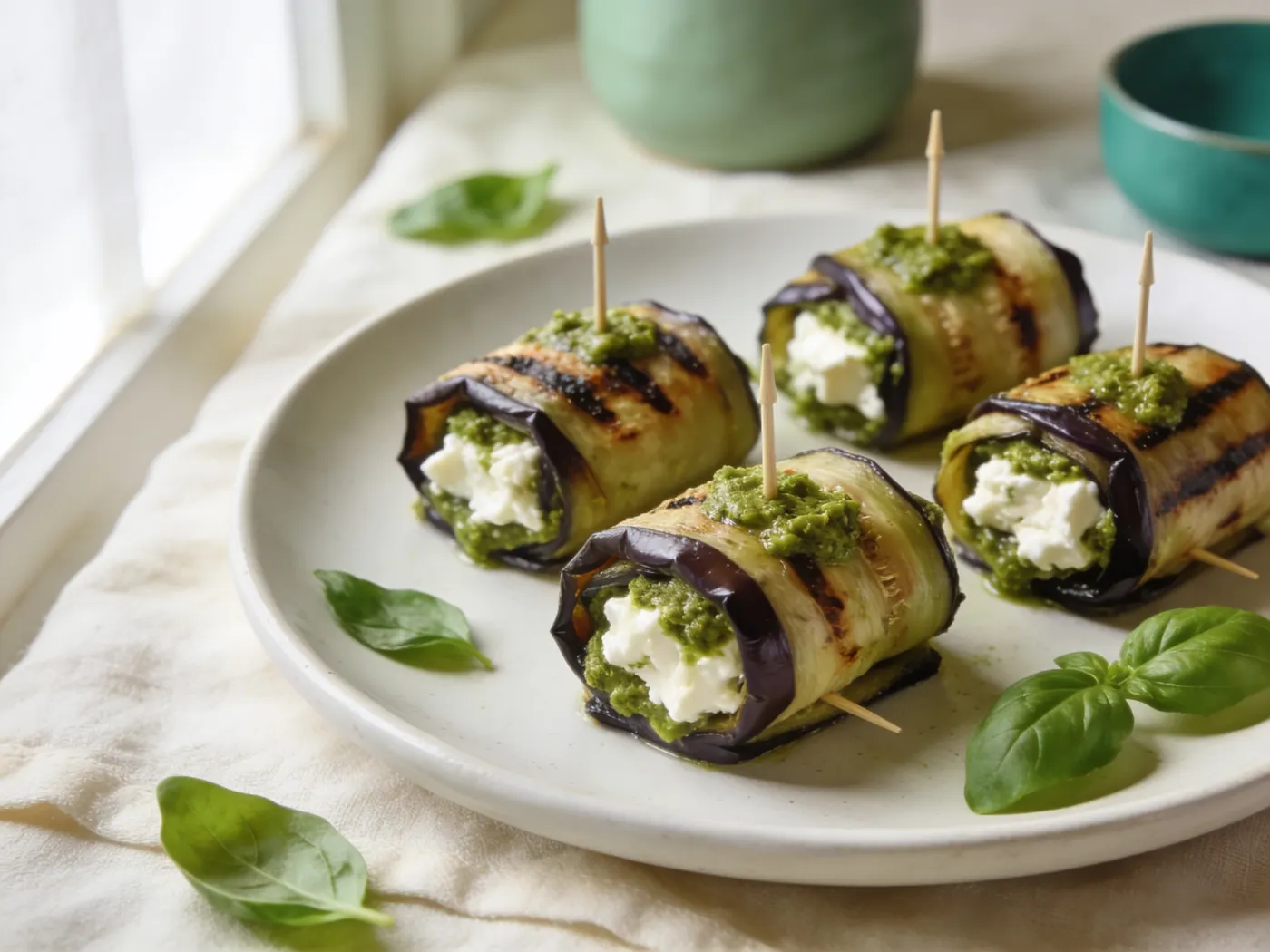 Grillede aubergineruller med feta og pesto