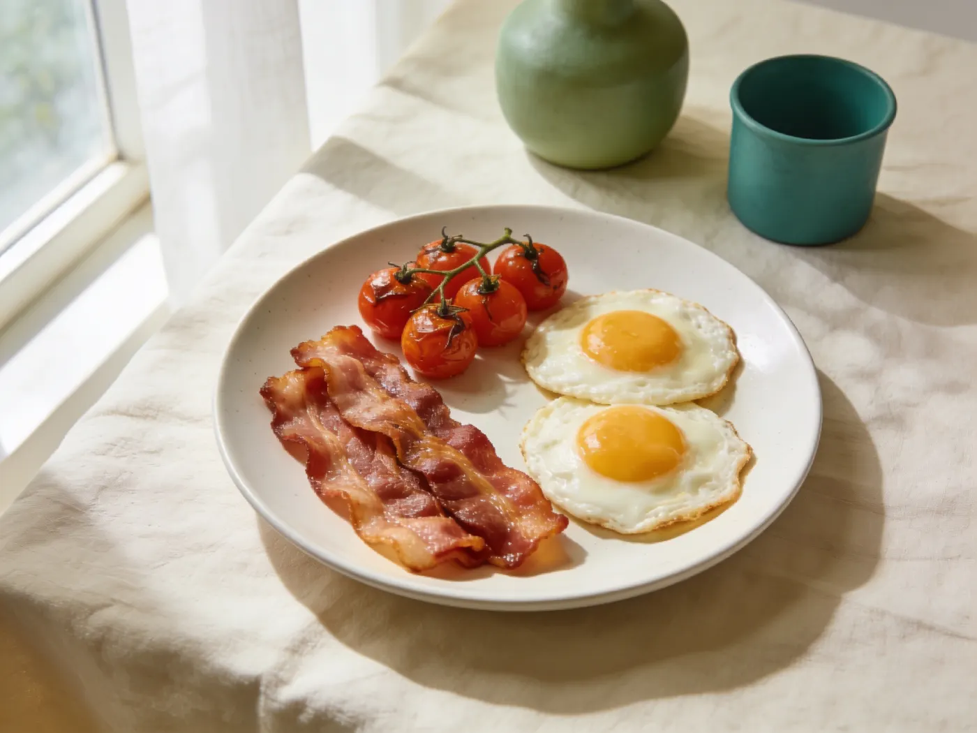 Klassisk bacon og æg med bagte tomater