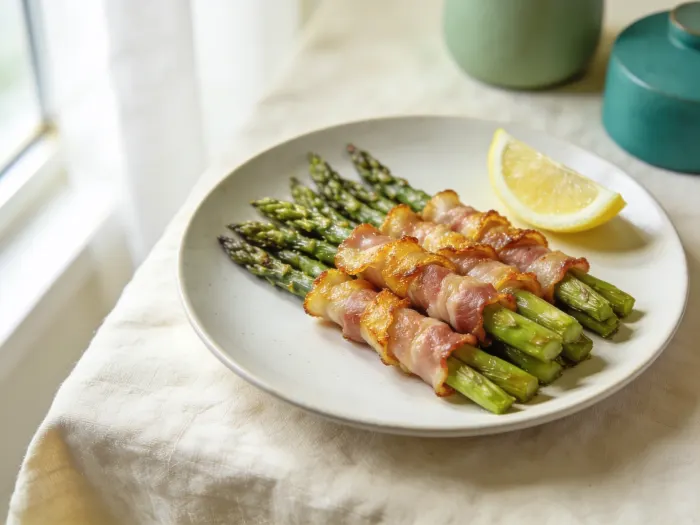 Baconsvøbte grønne asparges