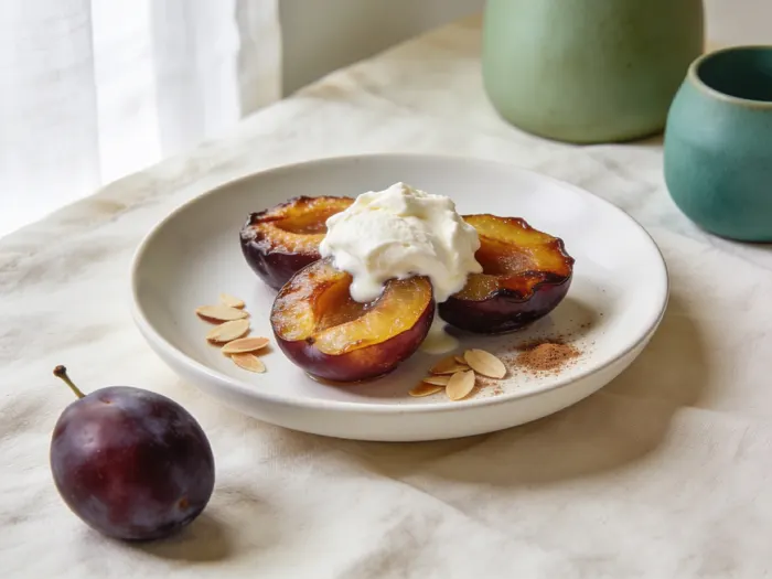 Ovnbagte blommer med kanel og mascarpone