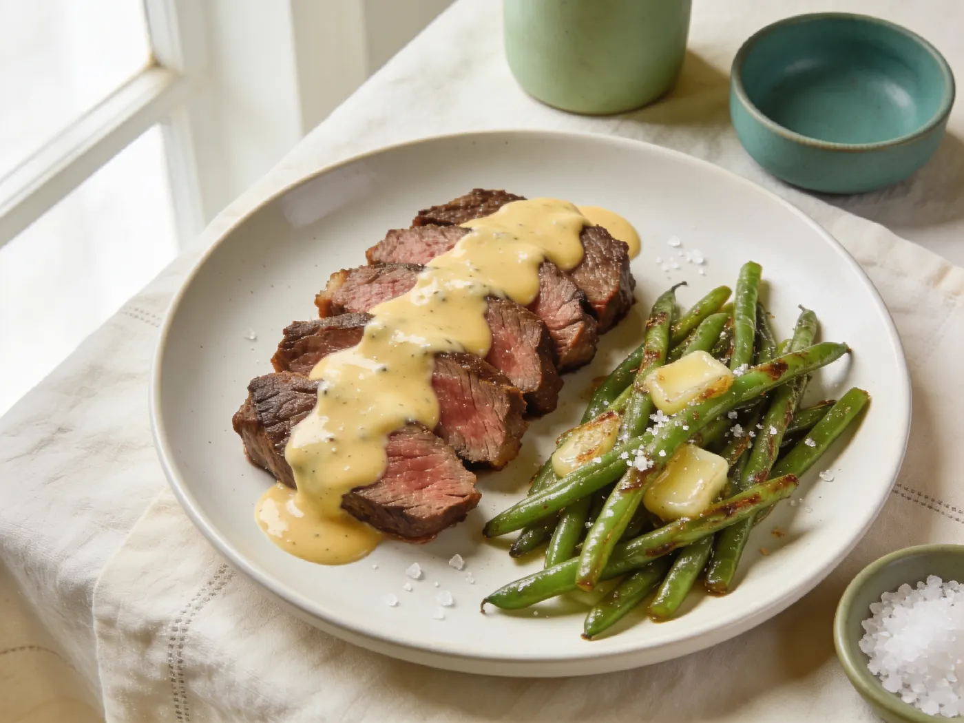 Bøf med bearnaise og smørstegte bønner