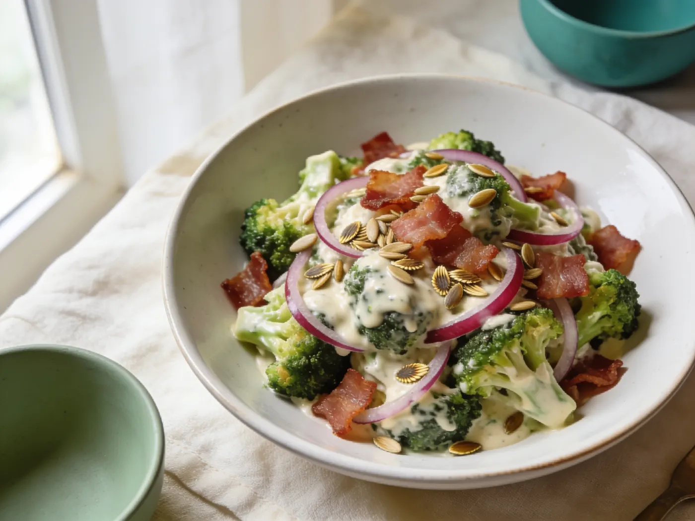 Broccolisalat med bacon og solsikkekerner