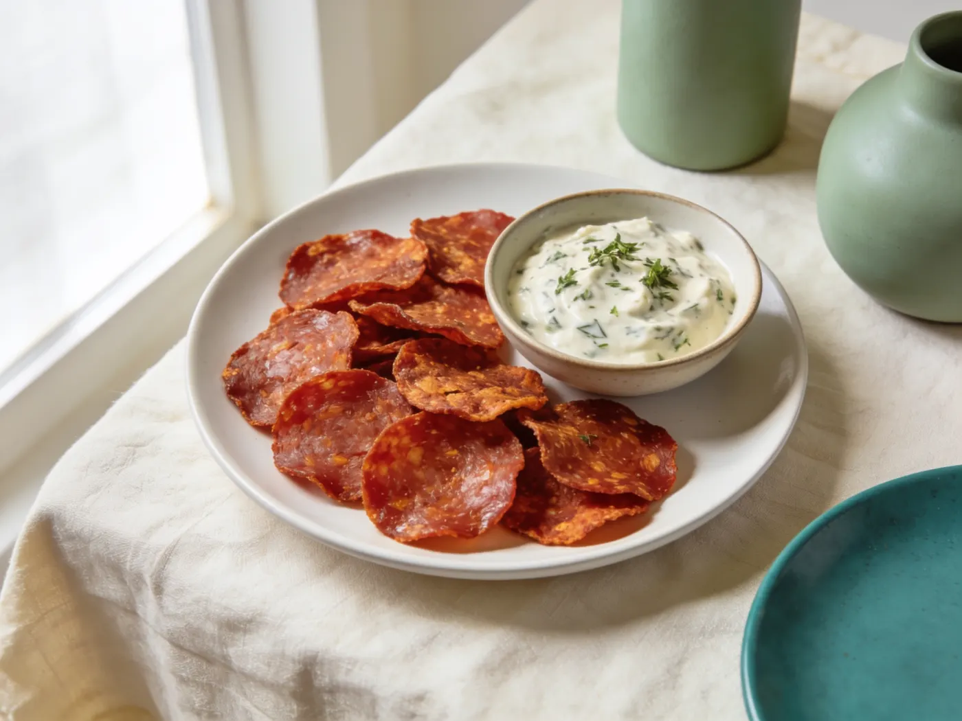 Pepperonichips med cremet dip