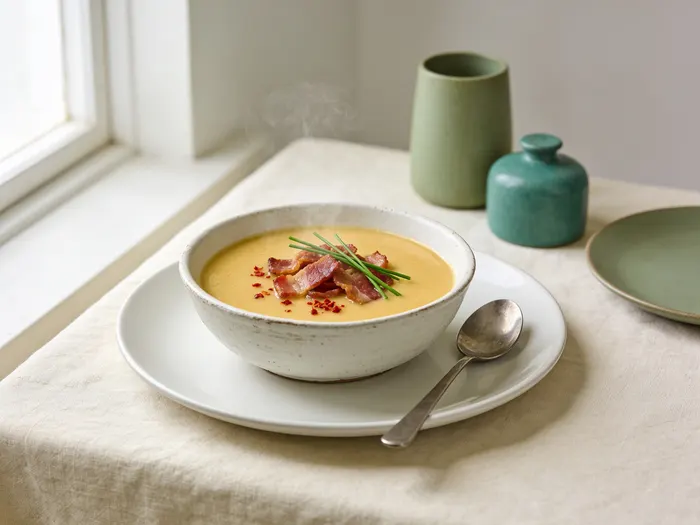 Cremet squash-suppe med bacon og chili