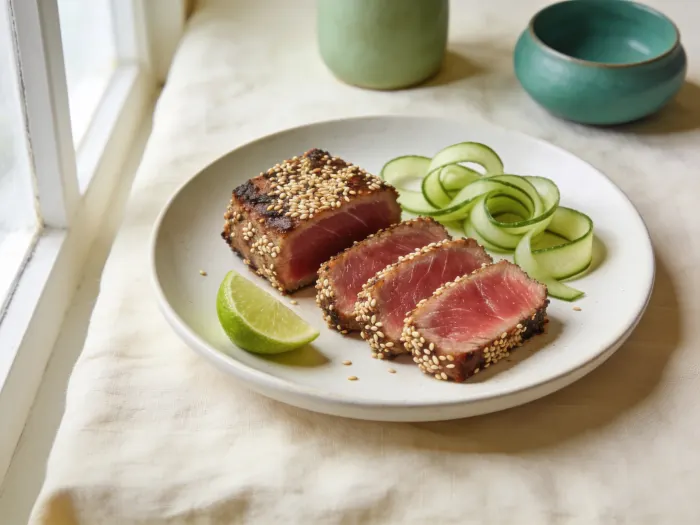 Tunbøffer med sesam og agurkesalat