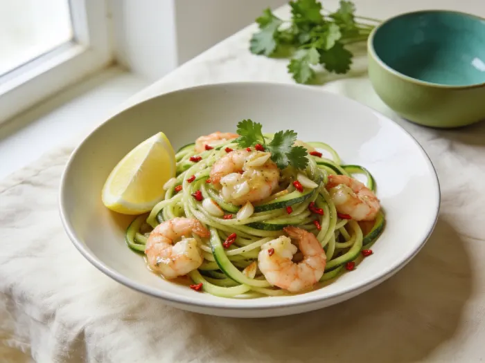 Zoodles med hvidløgsrejer og chili